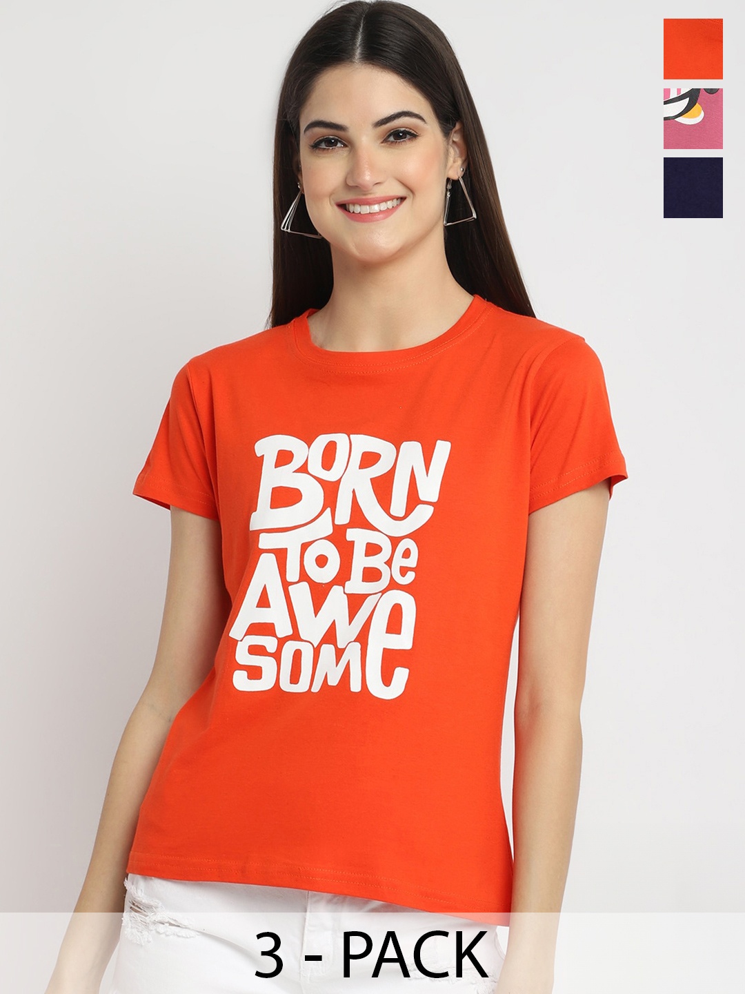 

Fabflee Pack Of 3 Printed Cotton T-shirt, Orange