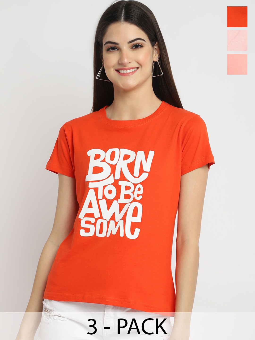 

Fabflee Pack of 3 Printed Cotton T-shirt, Orange
