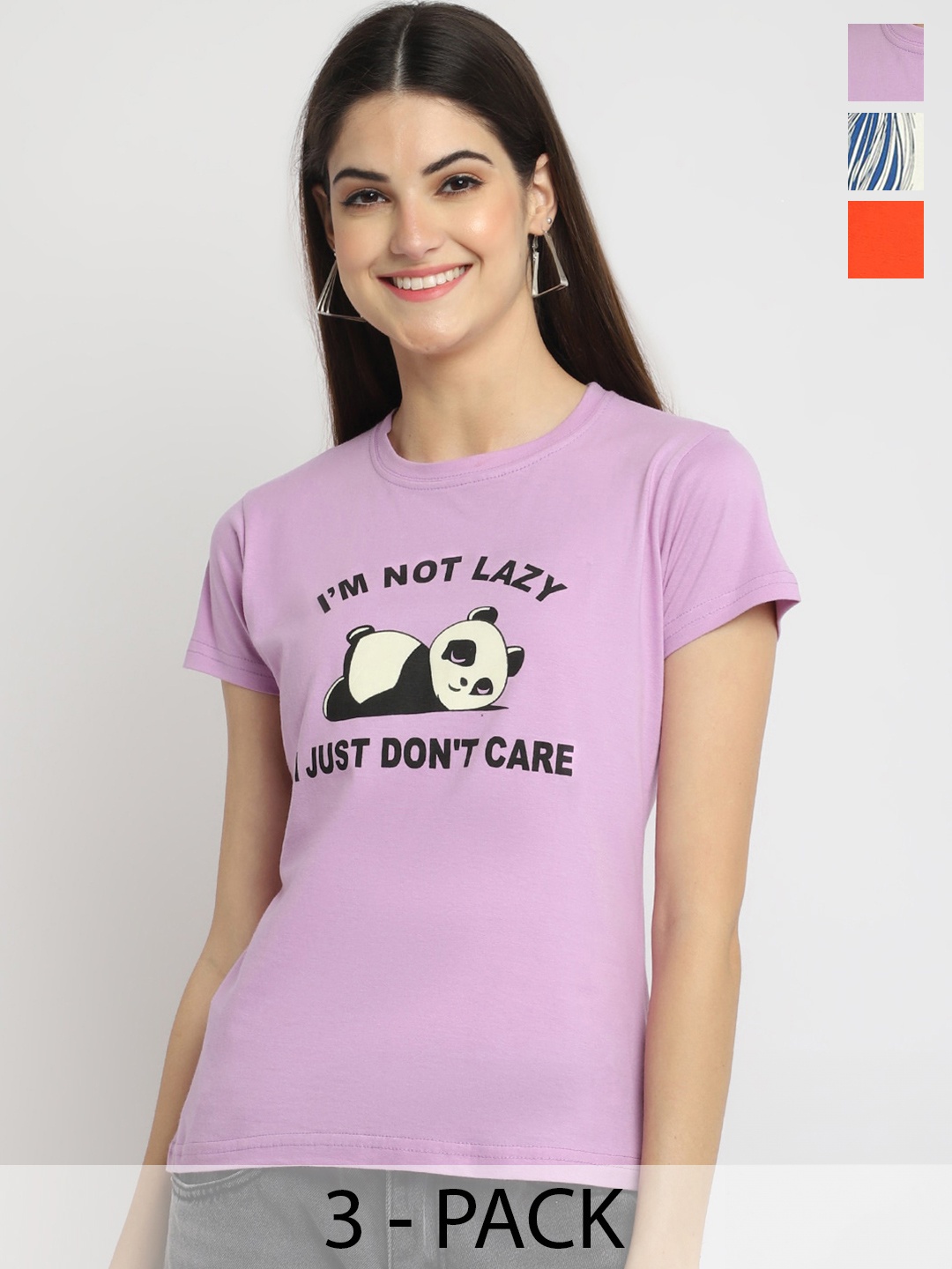 

Fabflee Pack Of 3 Printed Cotton T-shirt, Lavender