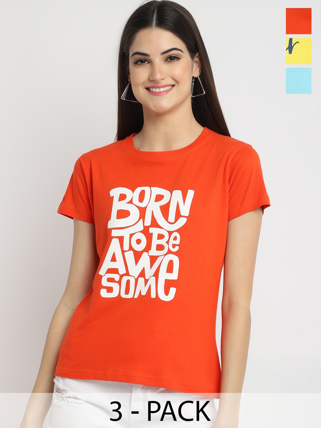 

Fabflee Pack of 3 Typography Printed Cotton T-shirt, Orange