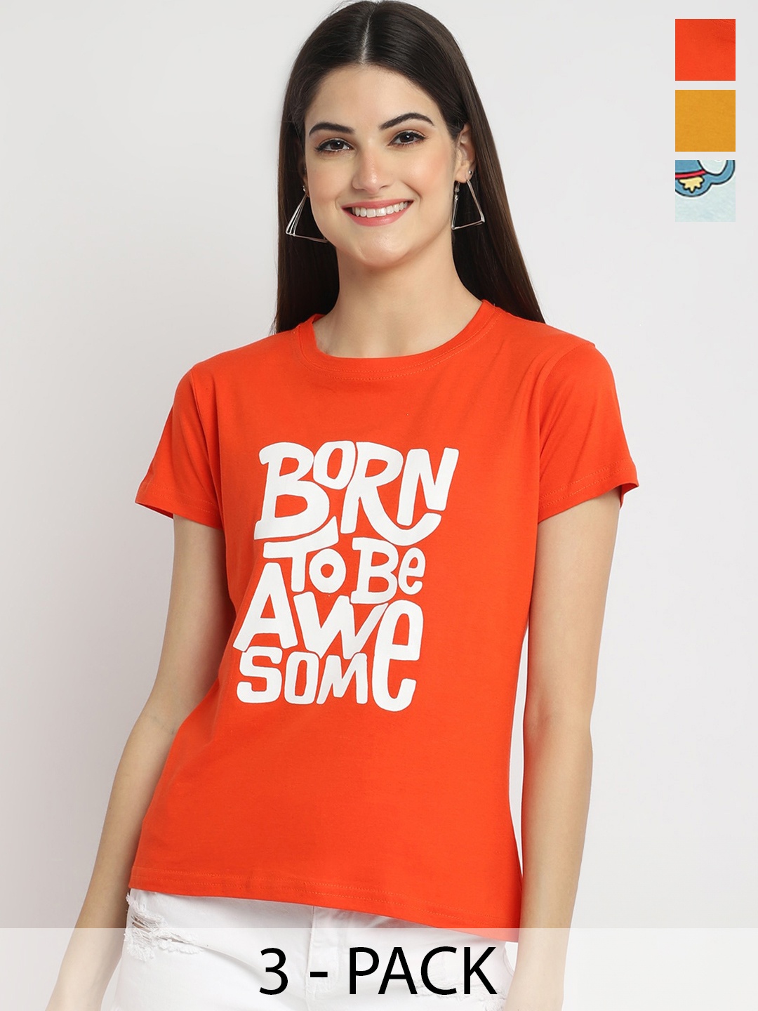 

Fabflee Pack Of 3 Typography Printed Cotton T-Shirt, Orange