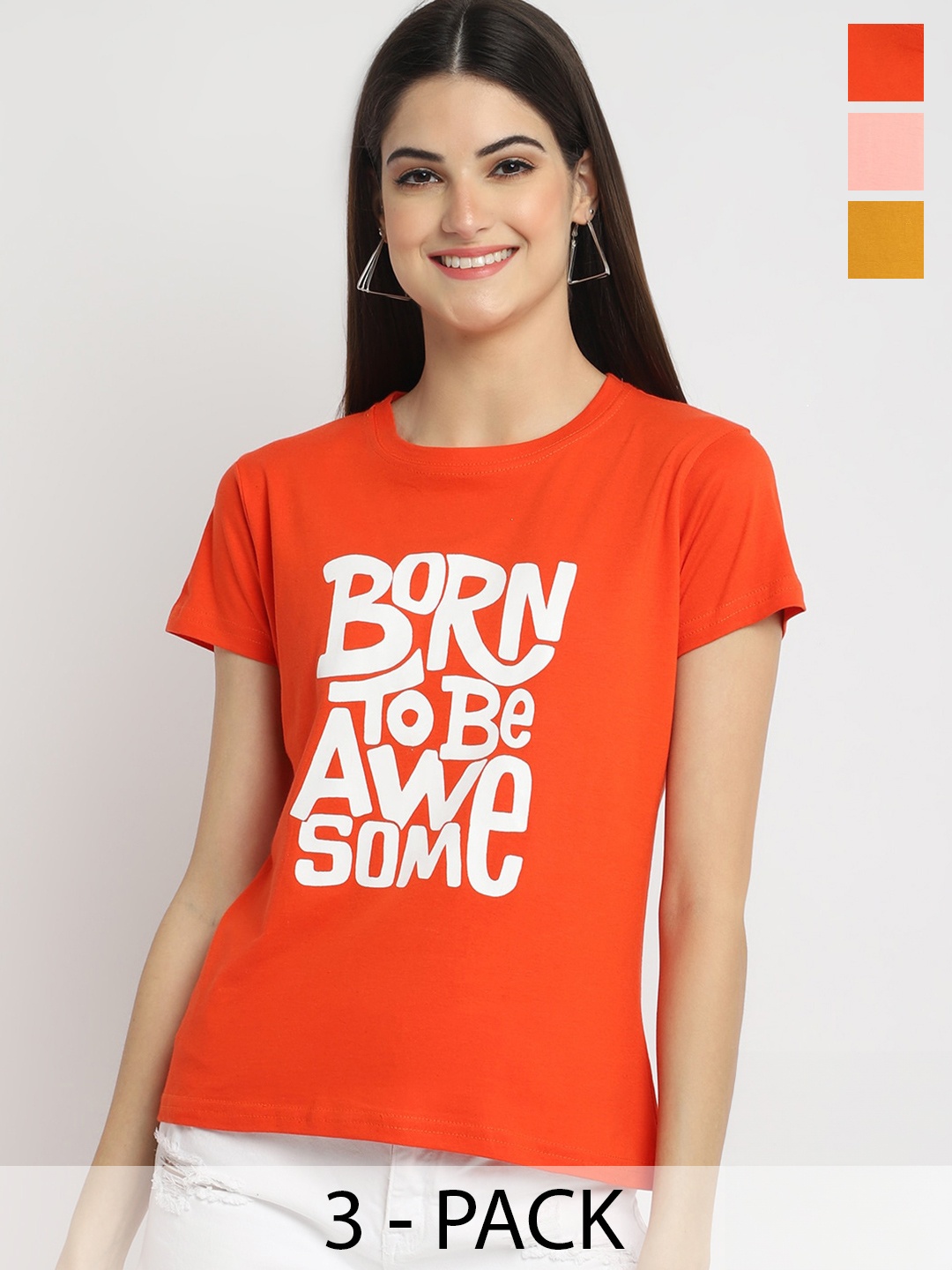 

Fabflee Pack Of 3 Typography Printed Cotton T-Shirts, Orange
