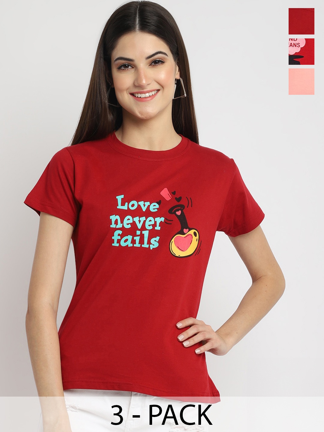 

Fabflee Pack Of 3 Typography Printed Cotton T-Shirt, Maroon
