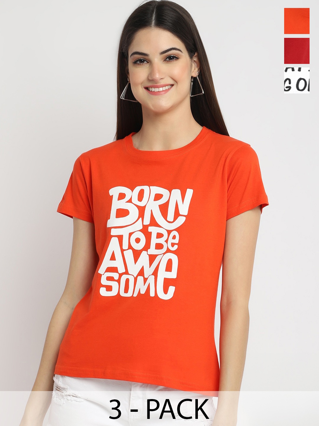 

Fabflee Pack Of 3 Typography Printed Cotton T-shirts, Orange