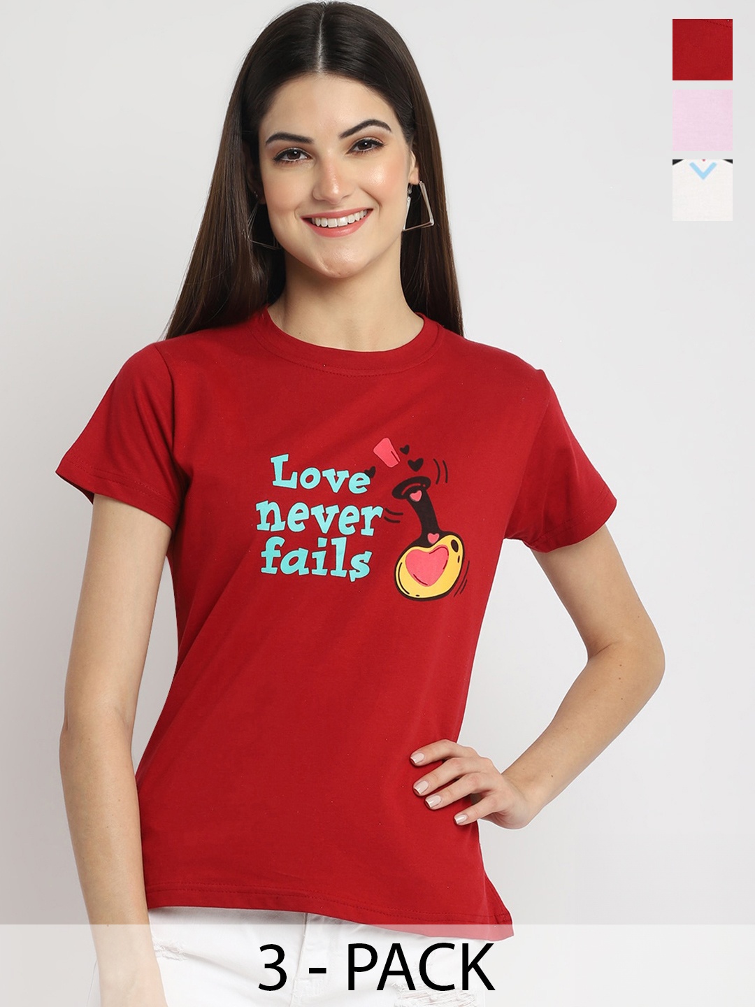 

Fabflee Pack Of 3 Typography Printed Cotton T-Shirt, Maroon