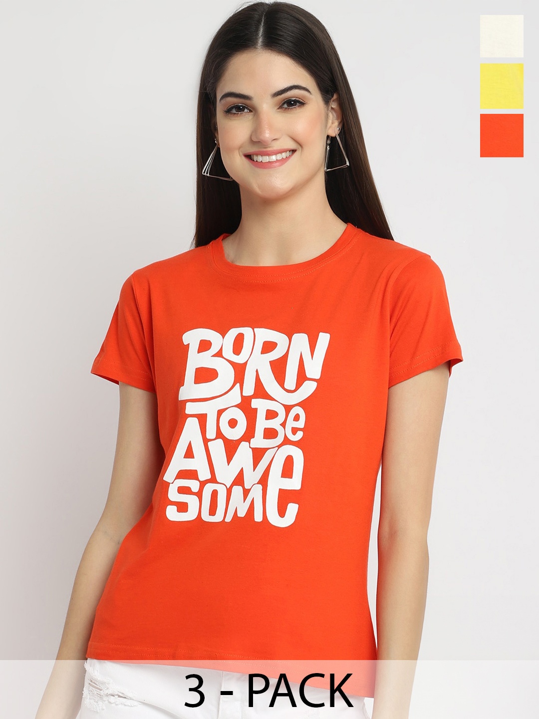 

Fabflee Pack of 3 Typography Printed Cotton T-shirt, Orange