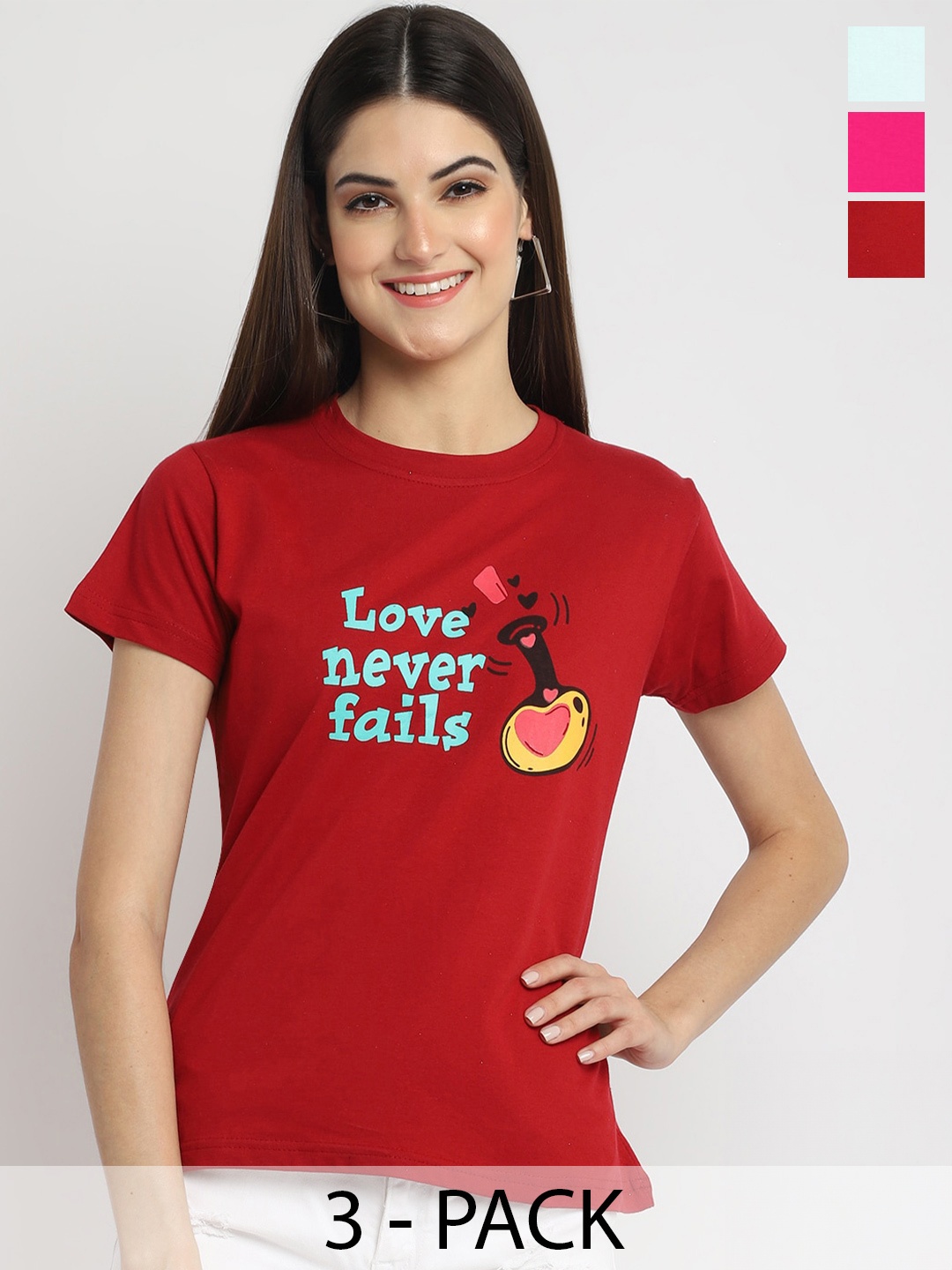 

Fabflee Pack Of 3 Typography Printed Cotton T-shirt, Red