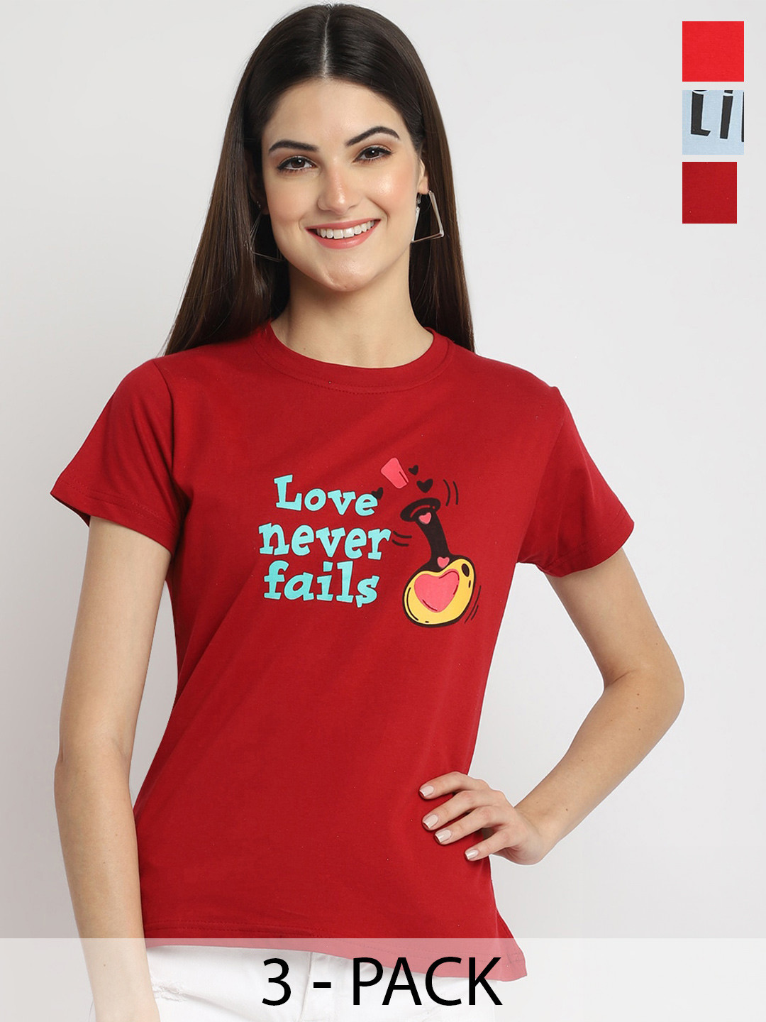 

Fabflee Pack of 3 Typography Printed Cotton T-shirt, Red