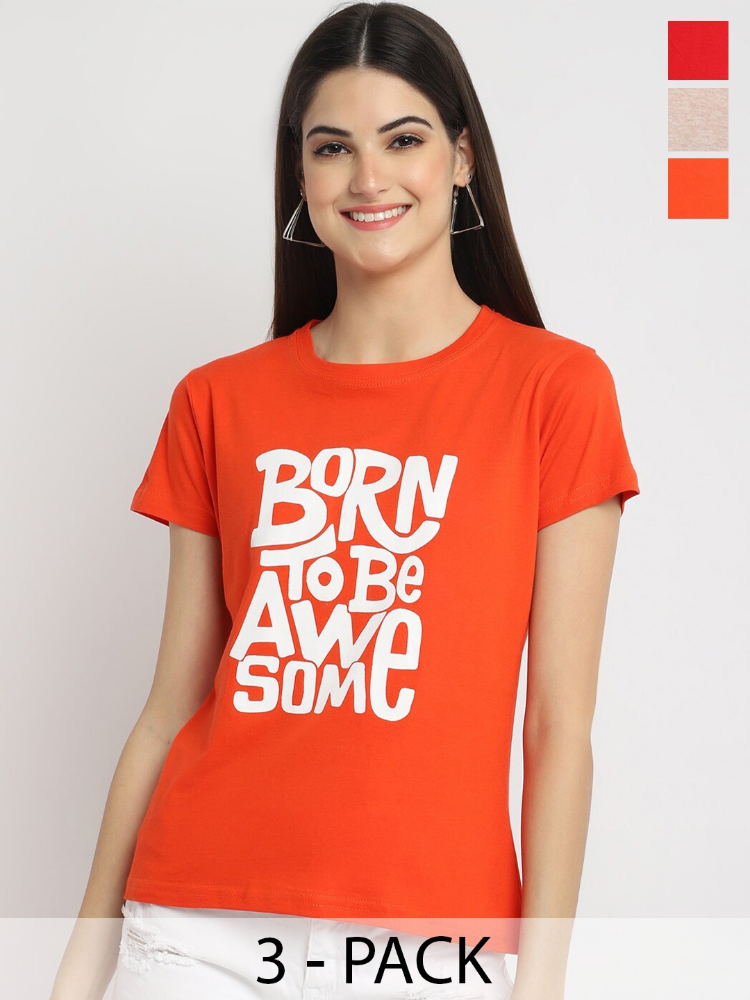 

Fabflee Pack Of 3 Typography Printed Cotton T-shirt, Orange