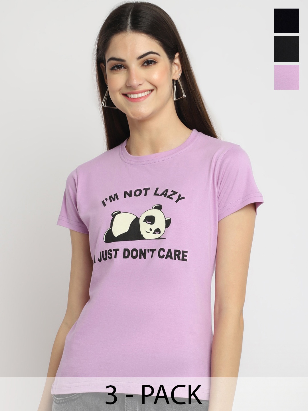 

Fabflee Pack Of 3 Printed Round Neck Cotton Regular T-shirts, Purple
