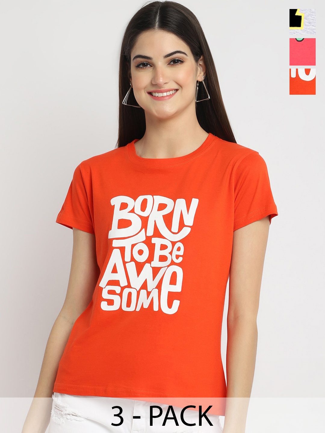 

Fabflee Pack of 3 Typography Printed Cotton T-shirt, Grey