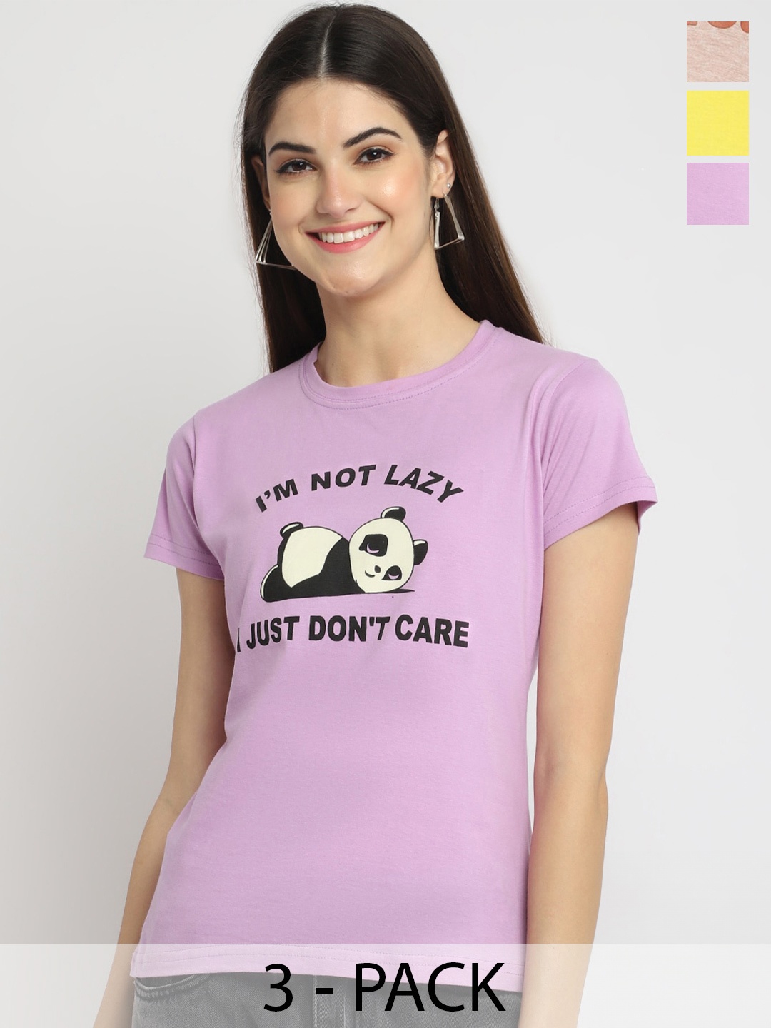 

Fabflee Pack Of 3 Typography Printed Cotton T-shirt, Lavender