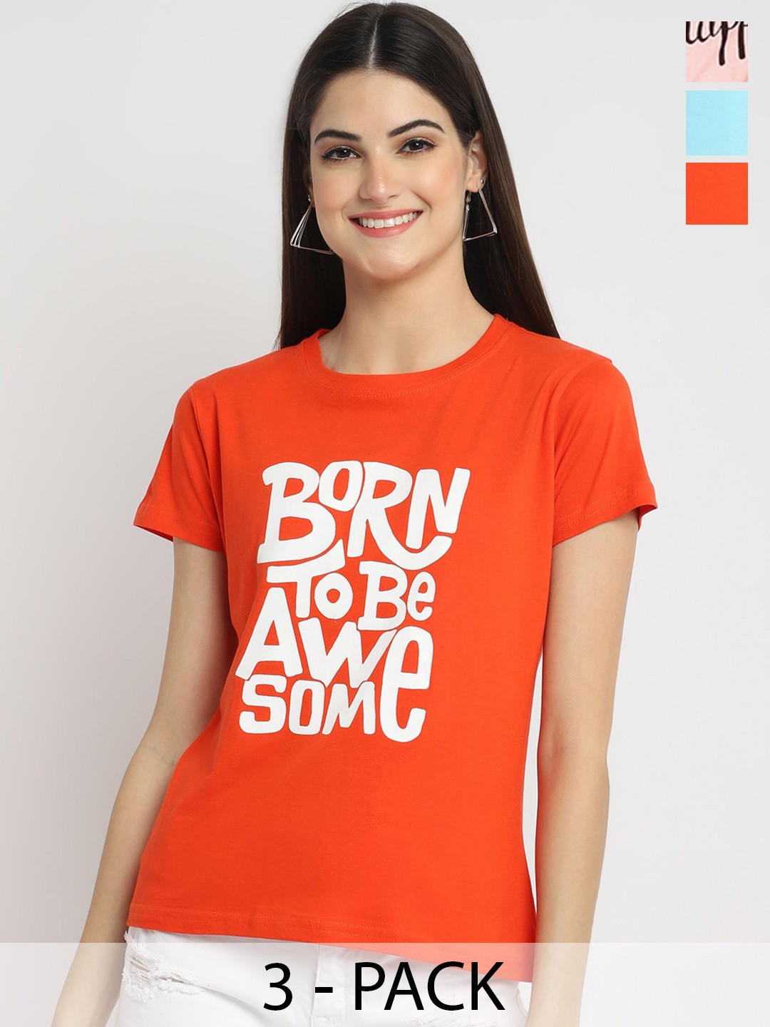 

Fabflee Pack Of 3 Typographic Printed Cotton T-shirt, Orange