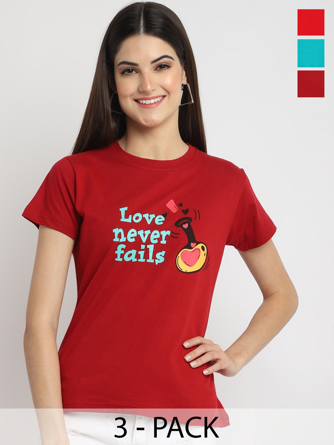 

Fabflee Pack Of 3 Typography Printed Cotton T-shirt, Maroon