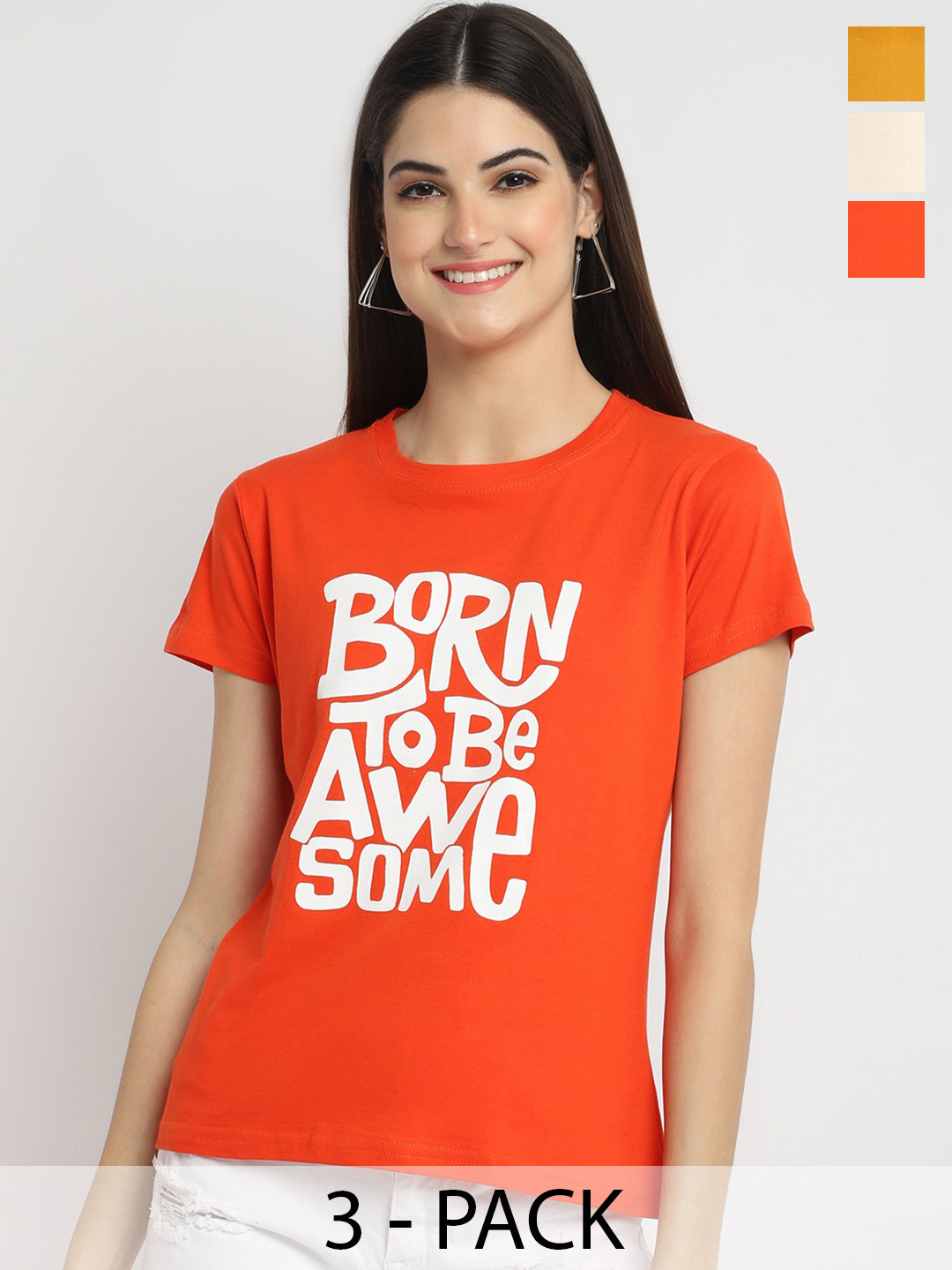

Fabflee Pack Of 3 Typography Printed Cotton T-shirt, Orange