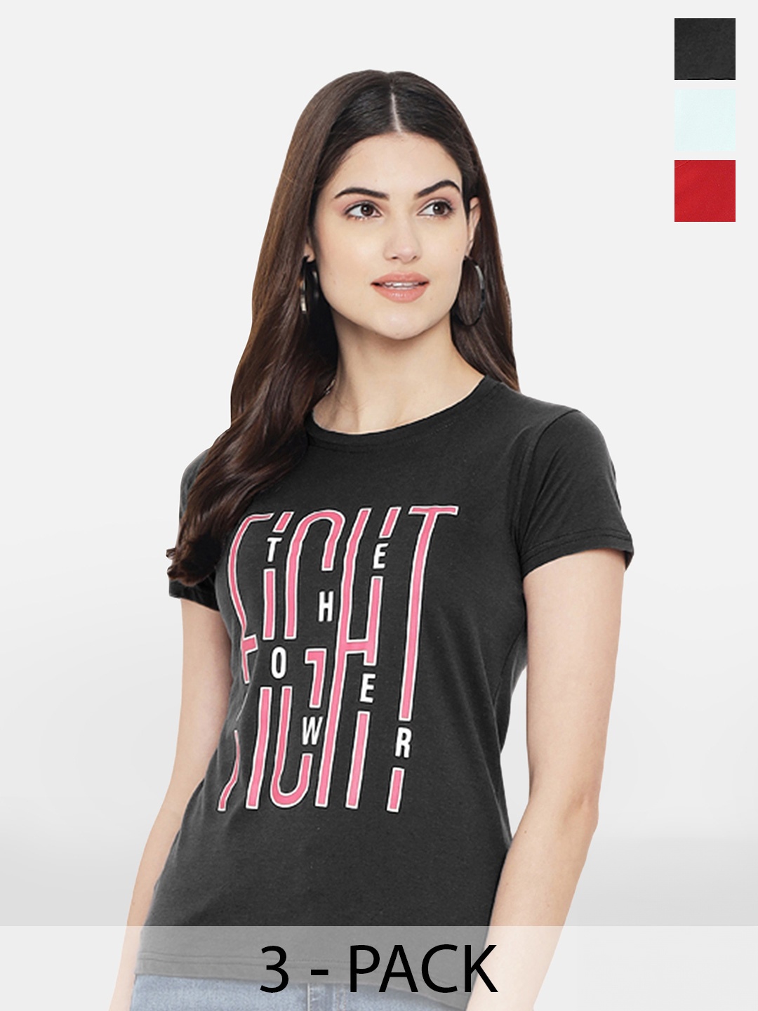 

Fabflee Pack Of 3 Typography Printed Cotton T-shirt, Black