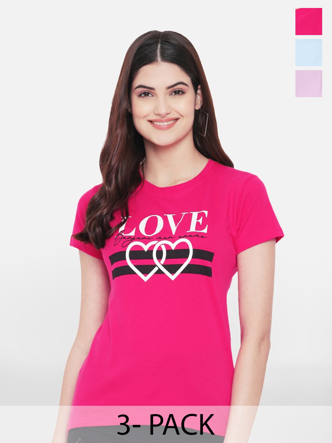 

Fabflee Pack Of 3 Typography Printed Cotton T-shirt, Pink