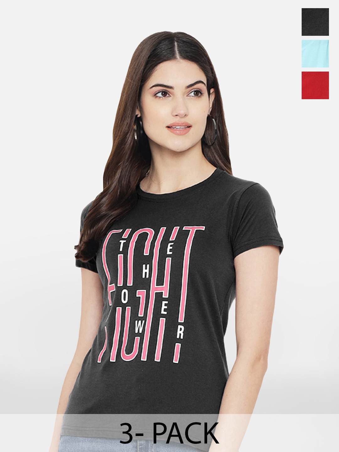 Fabflee Pack Of 3 Typography Printed Cotton T-shirt, Black