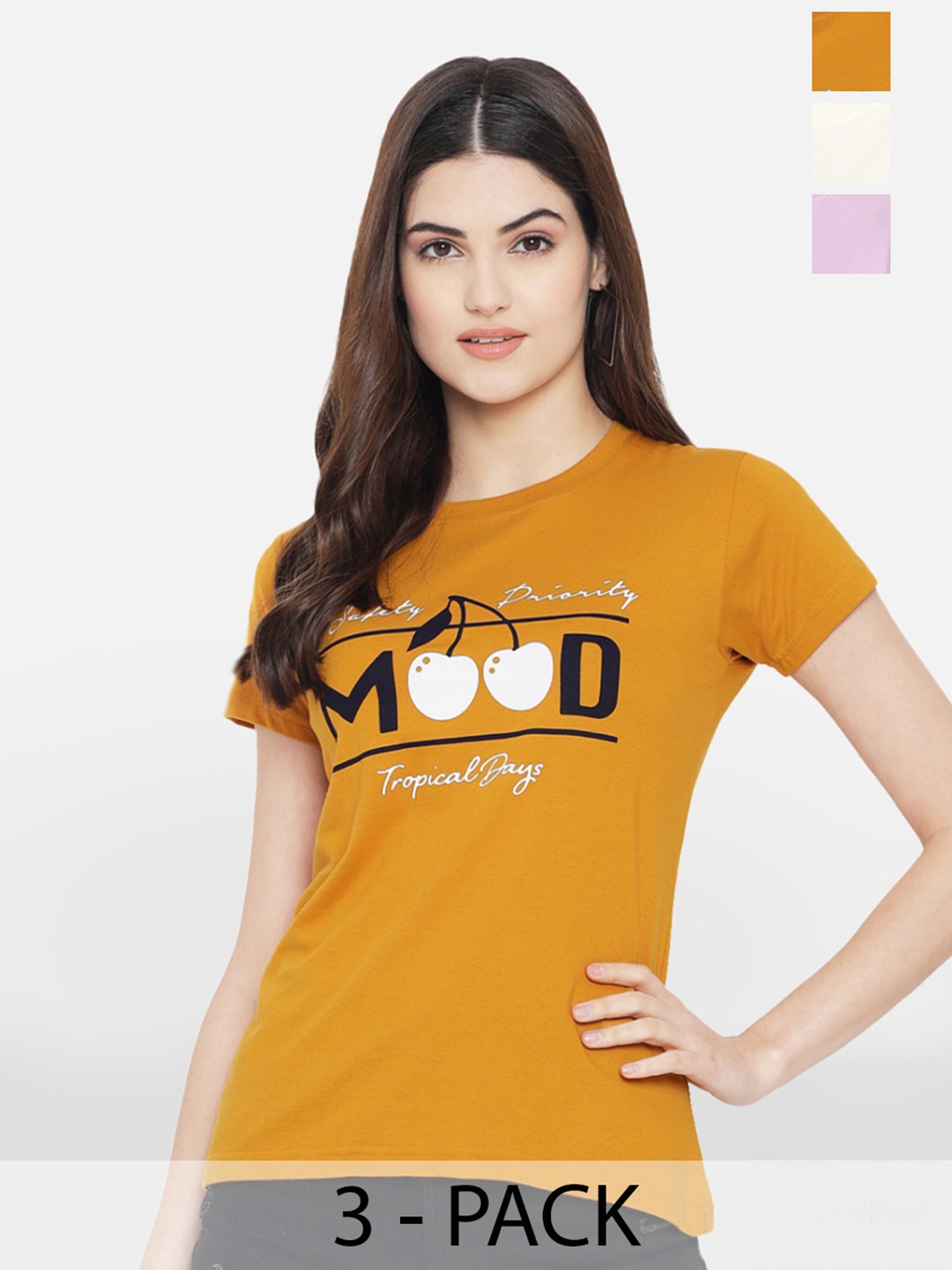 

Fabflee Pack Of 3 Panda Printed Cotton T-shirt, Mustard