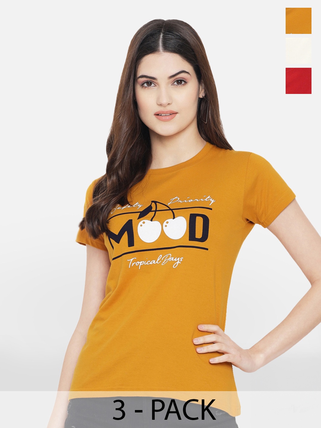 

Fabflee Pack Of 3 Typography Printed Cotton T-shirt, Mustard