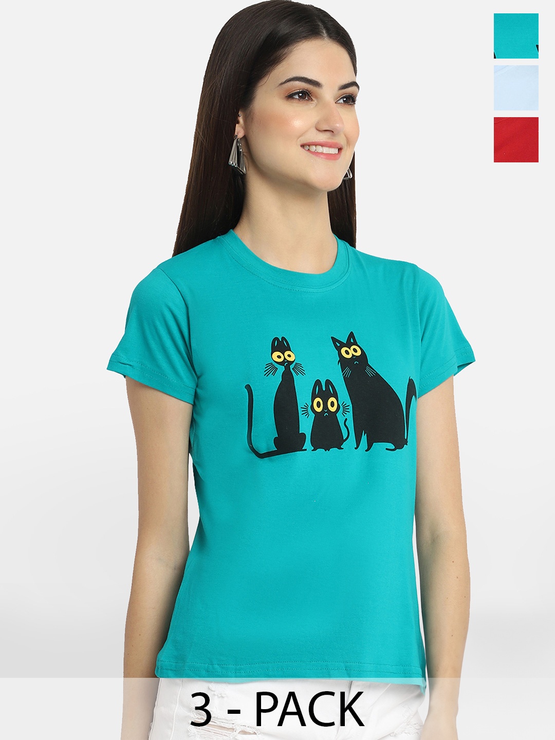 

Fabflee Pack Of 3 Typography Printed Cotton T-shirt, Teal