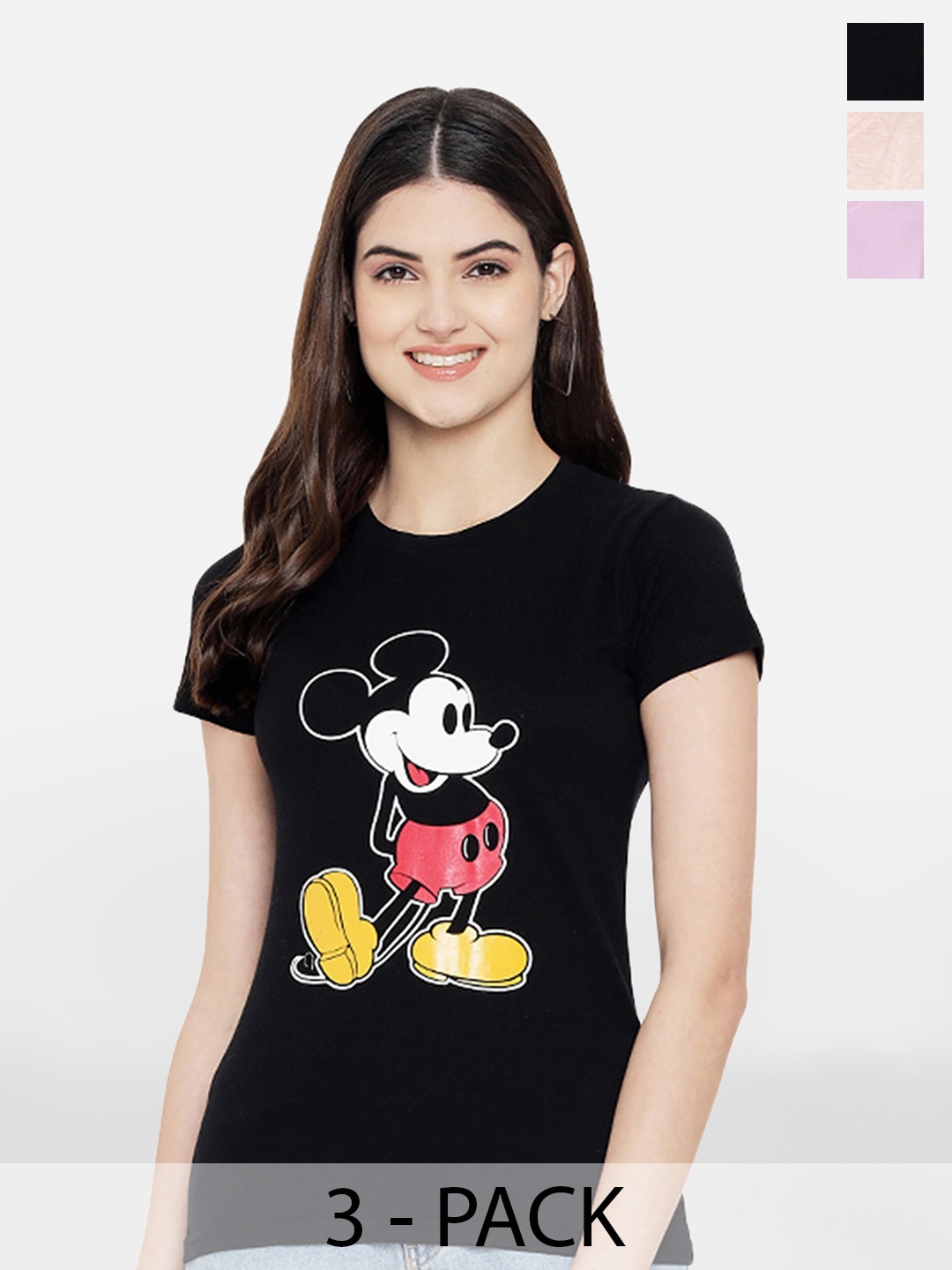 

Fabflee Pack Of 3 Mickey Mouse Printed Cotton T-shirt, Black