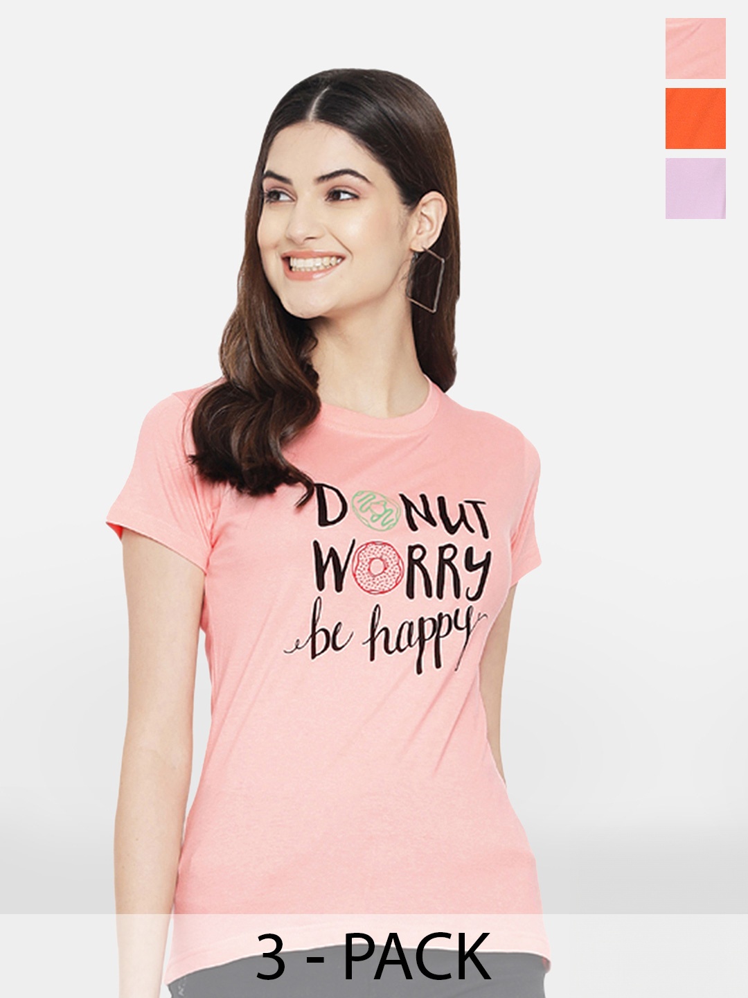 

Fabflee Pack Of 3 Typography Printed Round Neck Cotton T-shirt, Peach
