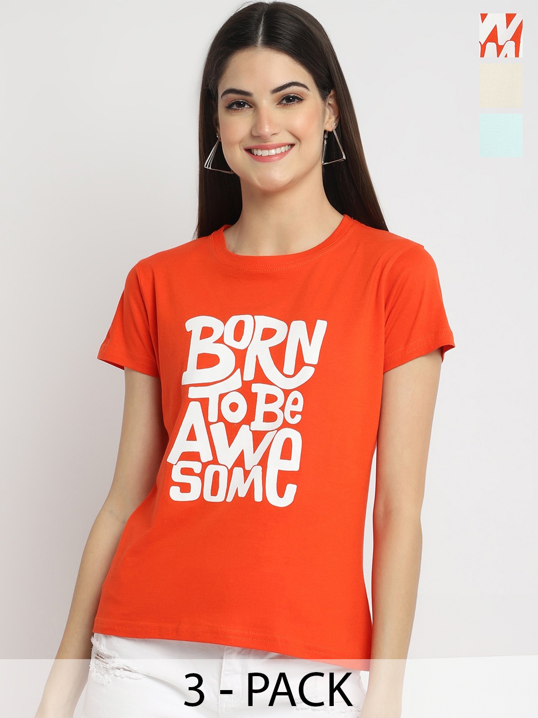 

Fabflee Pack Of 3 Typography Printed Round Neck Short Sleeves Cotton T-Shirt, Orange
