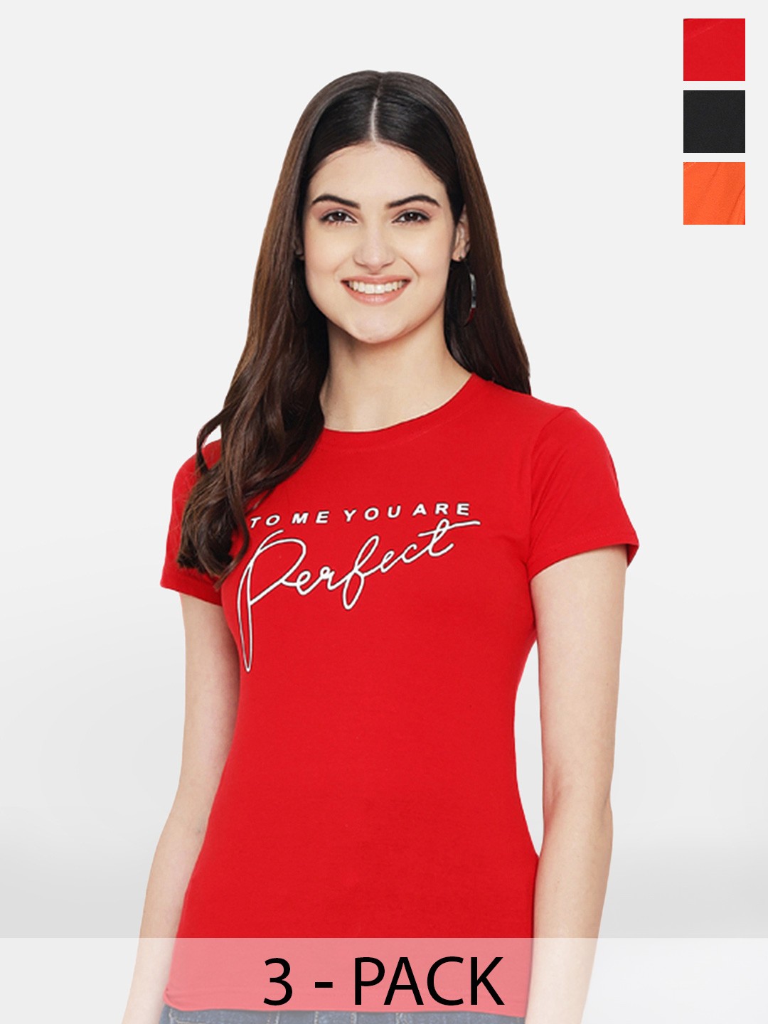 

Fabflee Pack Of 3 Typography Printed Round Neck Cotton T-shirt, Red