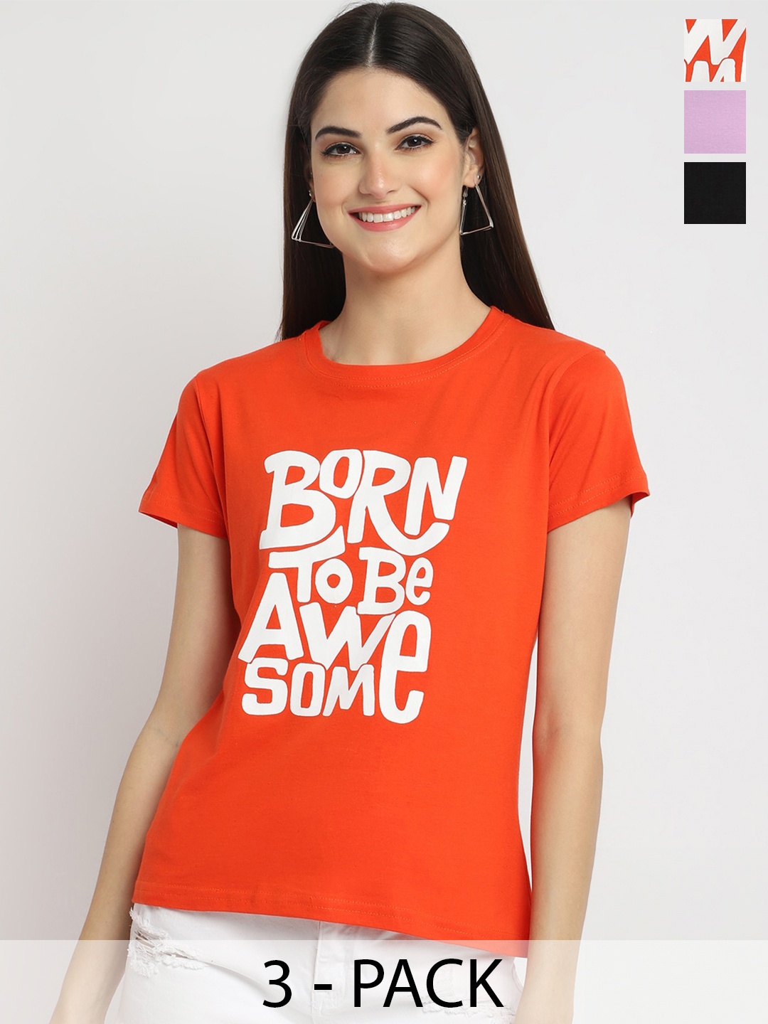 

Fabflee Pack of 3 Typography Printed Cotton T-shirt, Orange