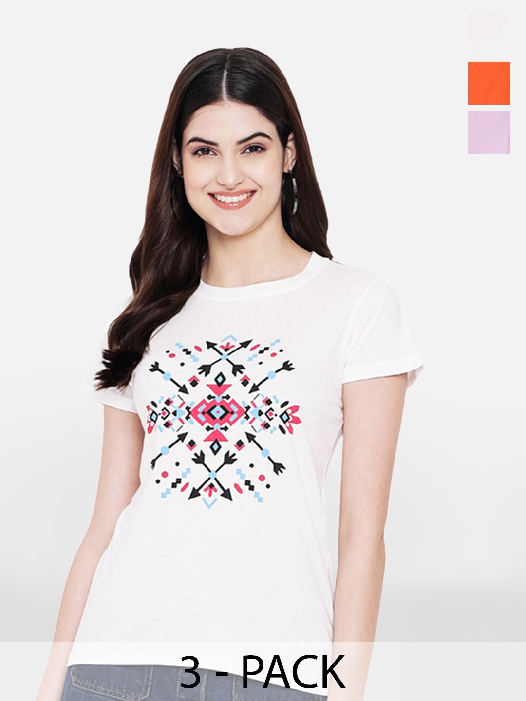 

Fabflee Pack Of 3 Graphic Printed Round Neck Cotton T-shirt, White