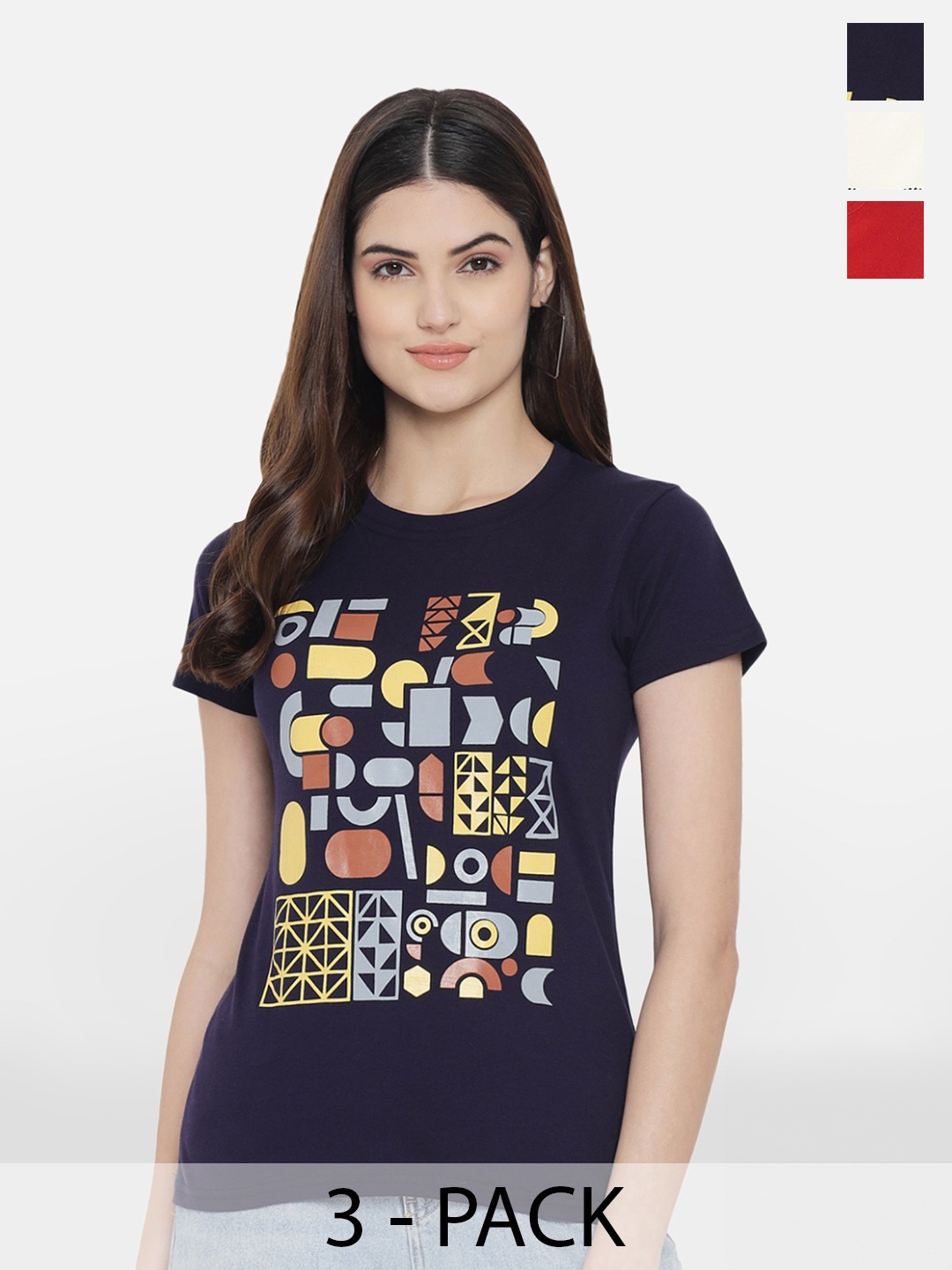 

Fabflee Pack Of 3 Typography Printed Round Neck Cotton T-shirt, Navy blue