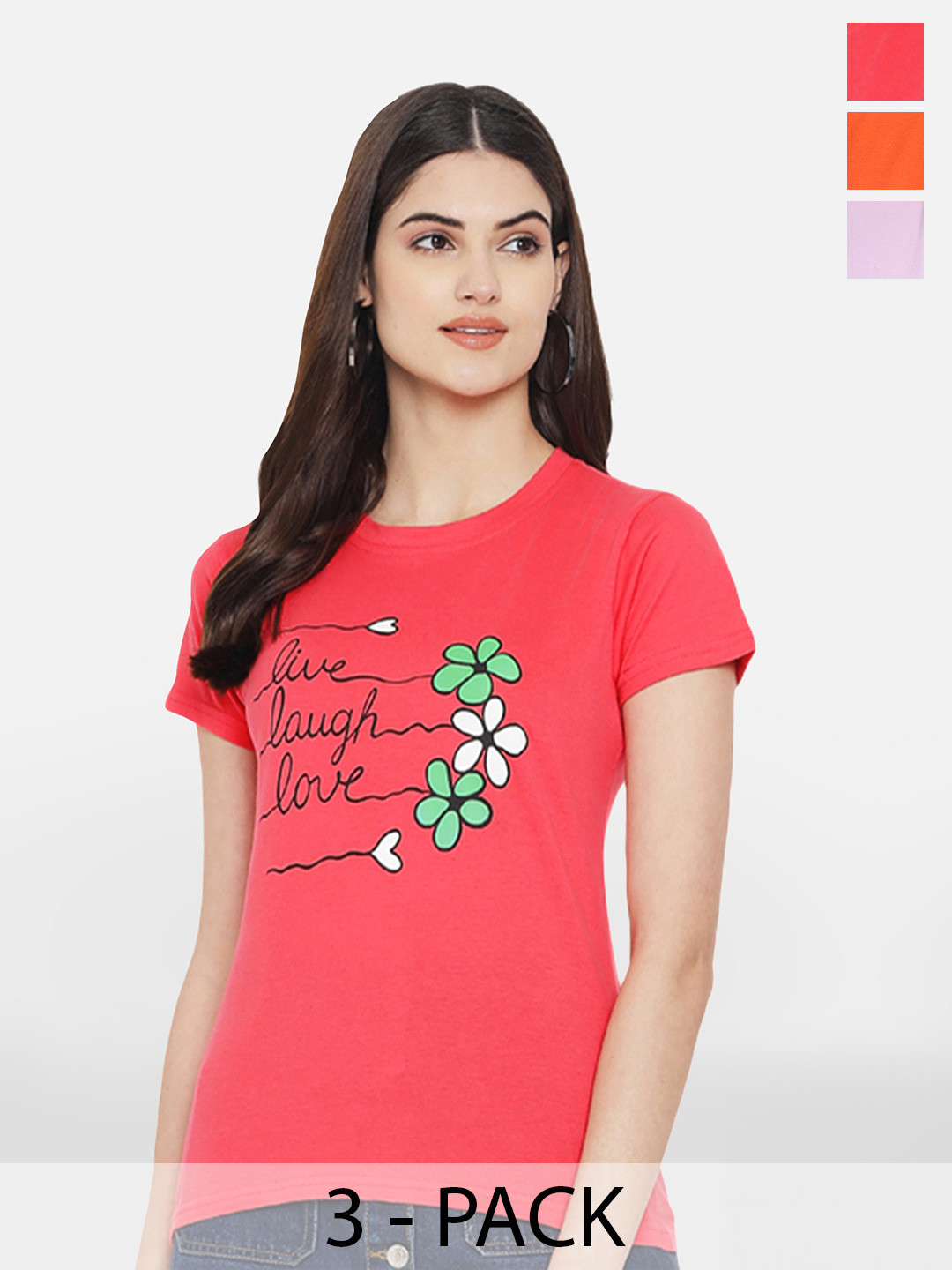 

Fabflee Pack Of 3 Typography Printed Round Neck Cotton T-shirt, Coral