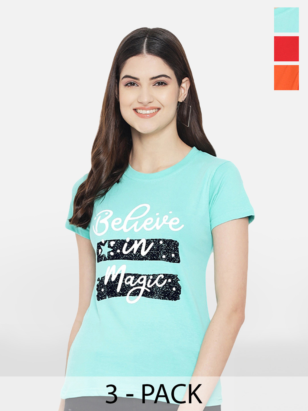 

Fabflee Pack Of 3 Typography Printed Round Neck Cotton T-shirt, Green