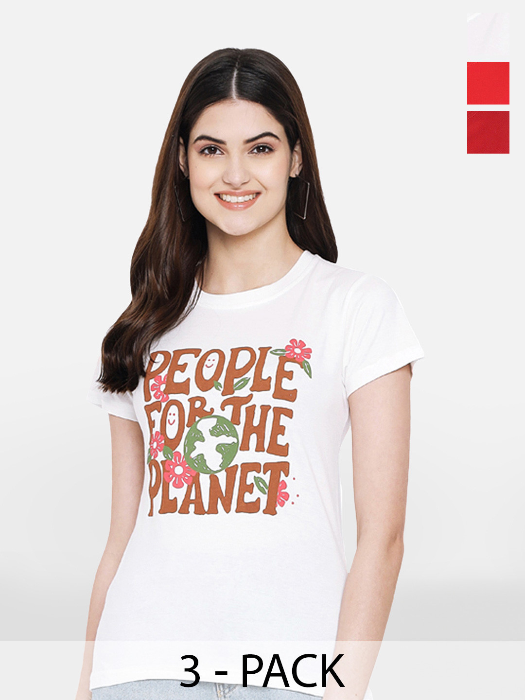 

Fabflee Pack Of 3 Typography Printed Round Neck Cotton T-shirt, White