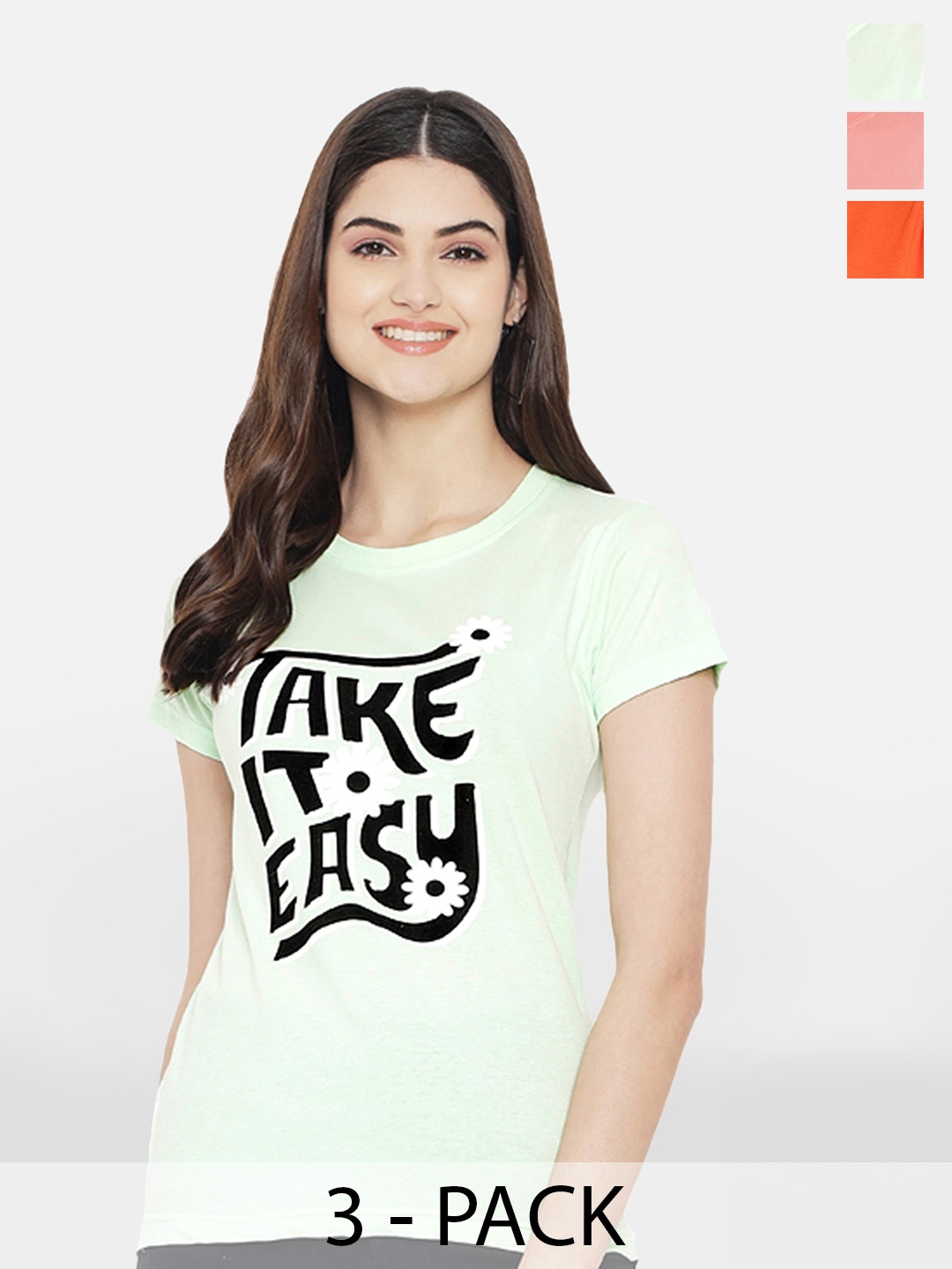 

Fabflee Pack Of 3 Typography Printed Cotton T-shirt, Green