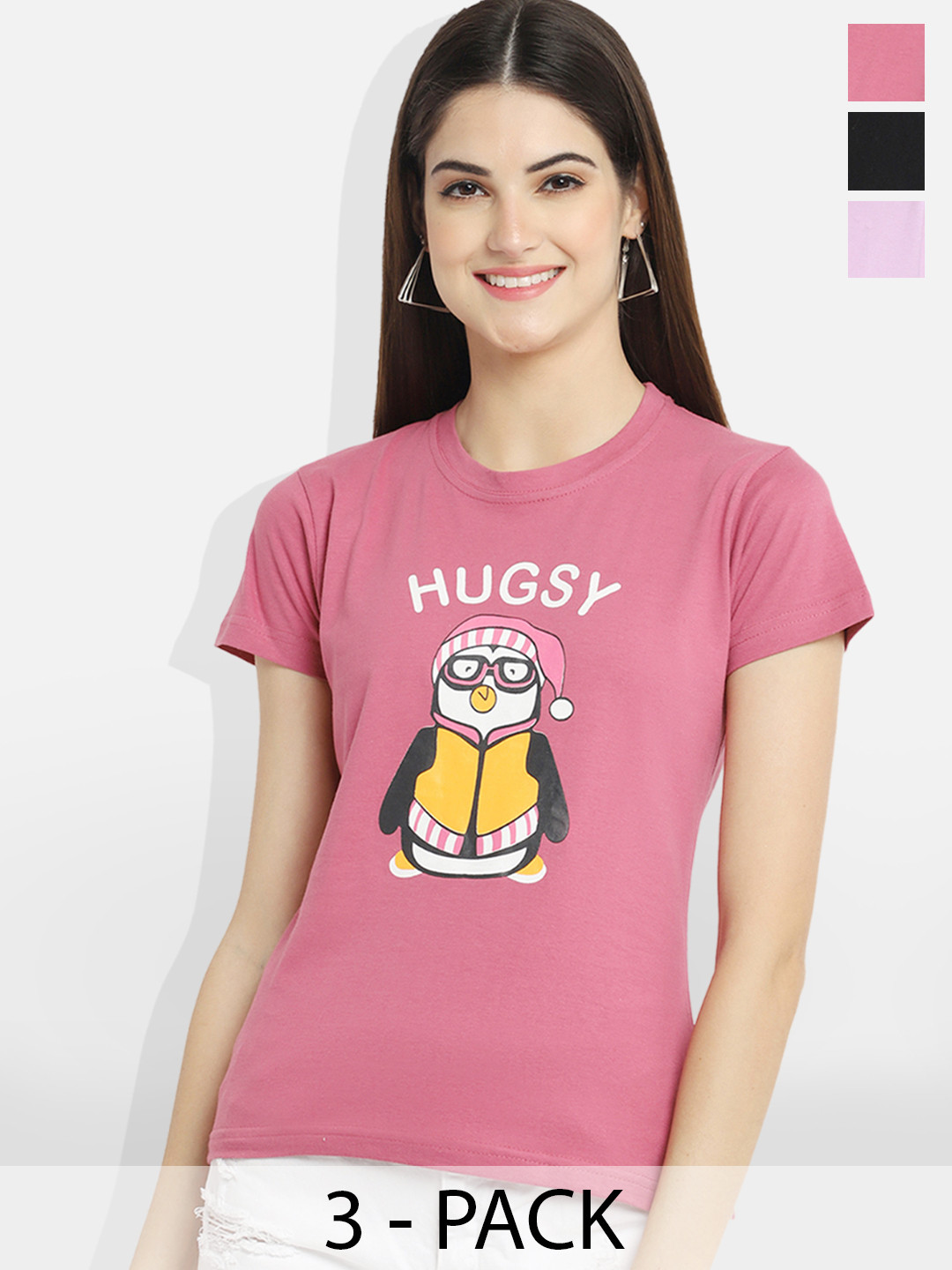 

Fabflee Pack Of 3 Typography Printed Cotton T-shirt, Pink