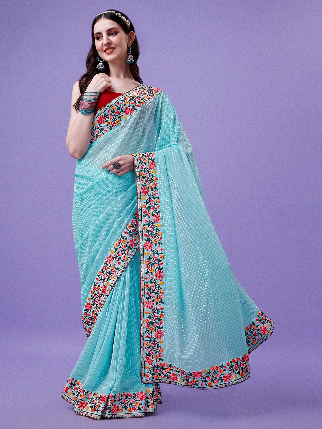 

Kedar Fab Embellished Sequinned Pure Georgette Saree, Blue