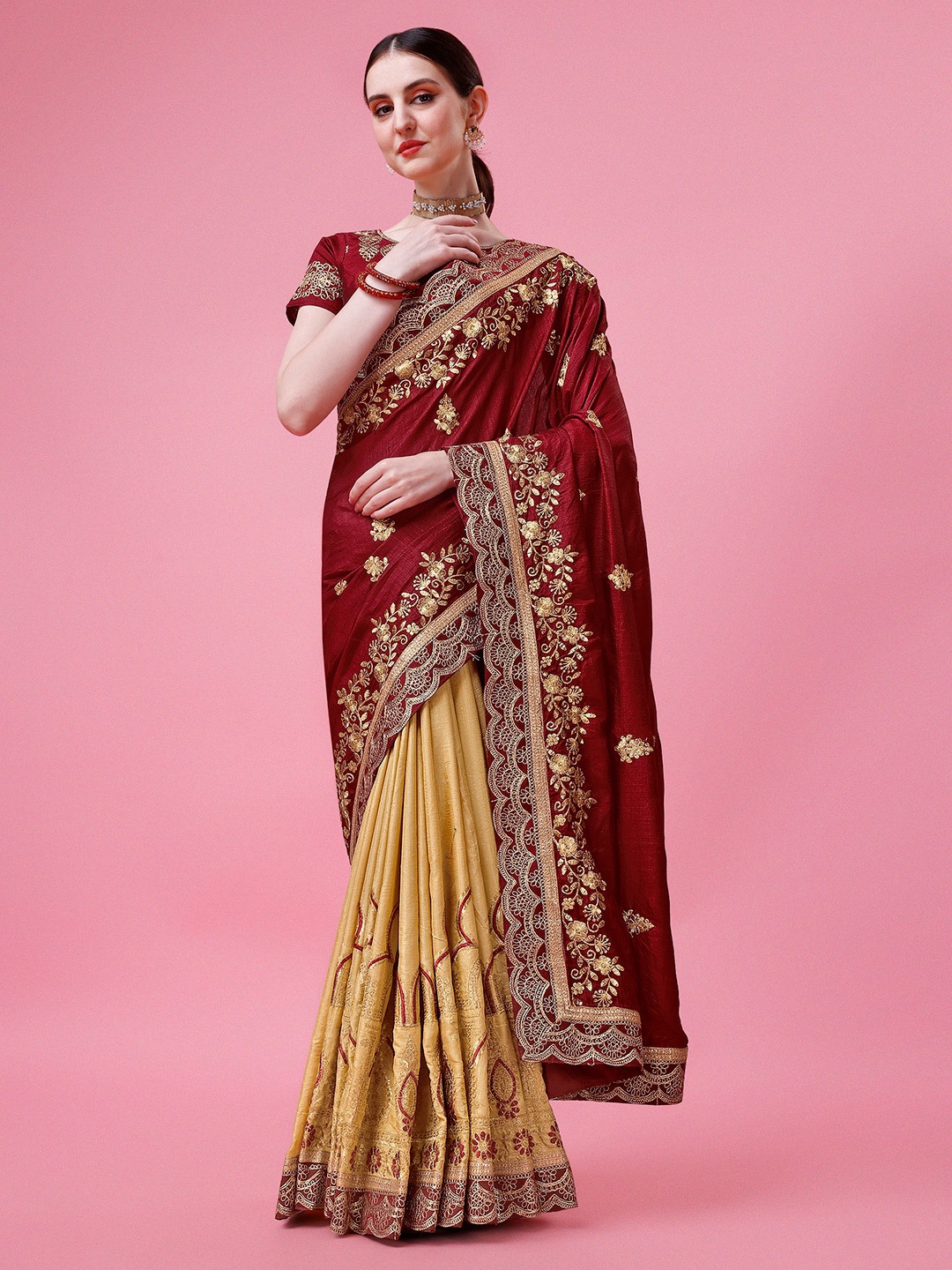 

Kedar Fab Ethnic Motifs Embroidered Half And Half Saree, Maroon