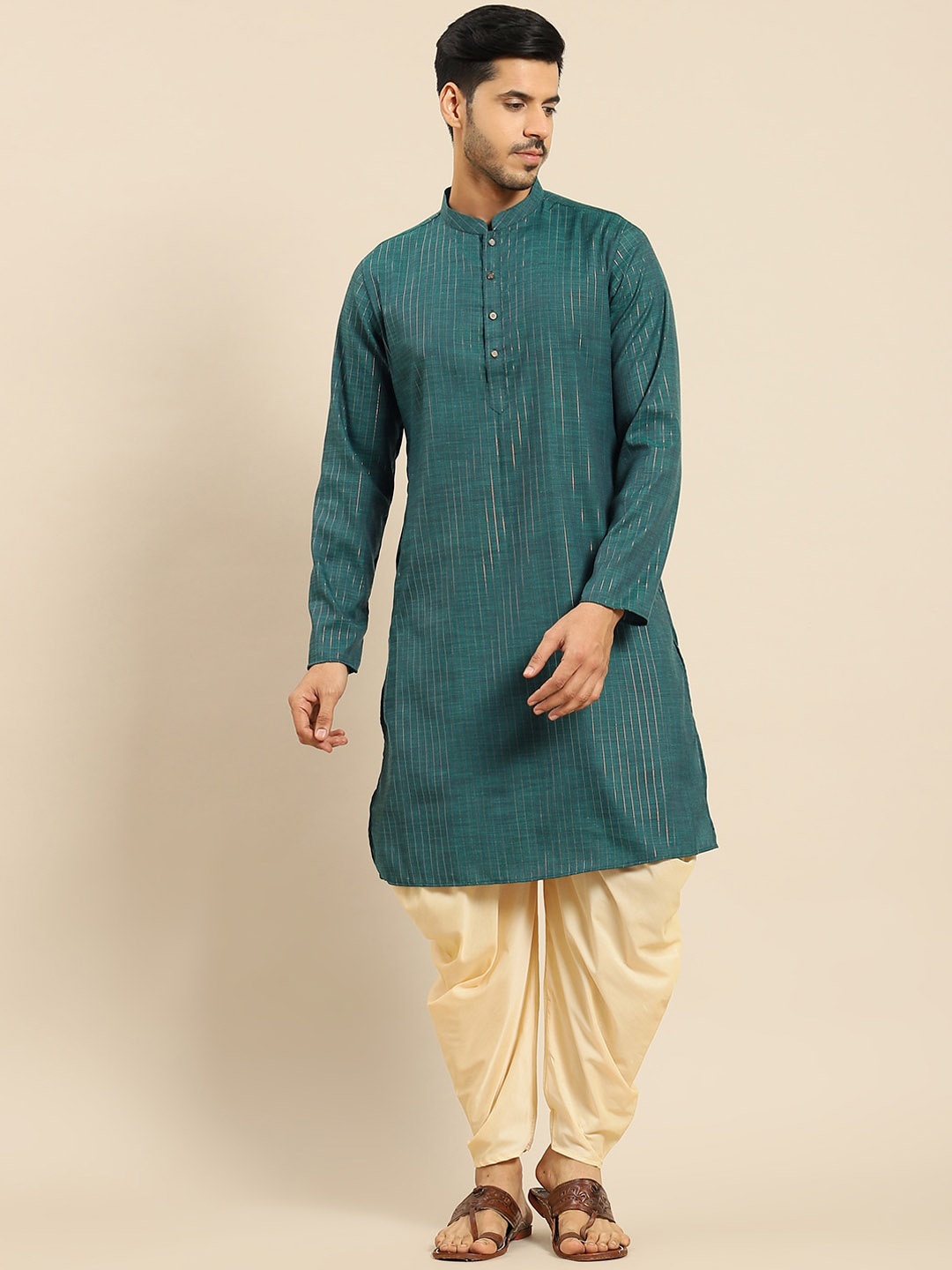 

Anouk Green Cream-Coloured Striped Zari Detail Kurta with Dhoti Pants