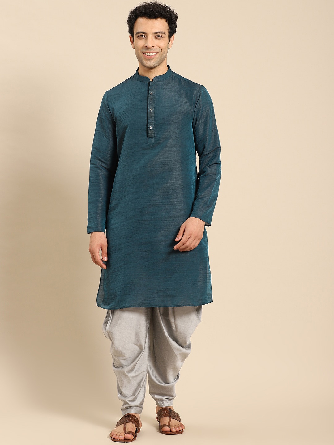 

Anouk Teal Blue & Grey Mandarin Collar Straight Kurta with Dhoti Pants
