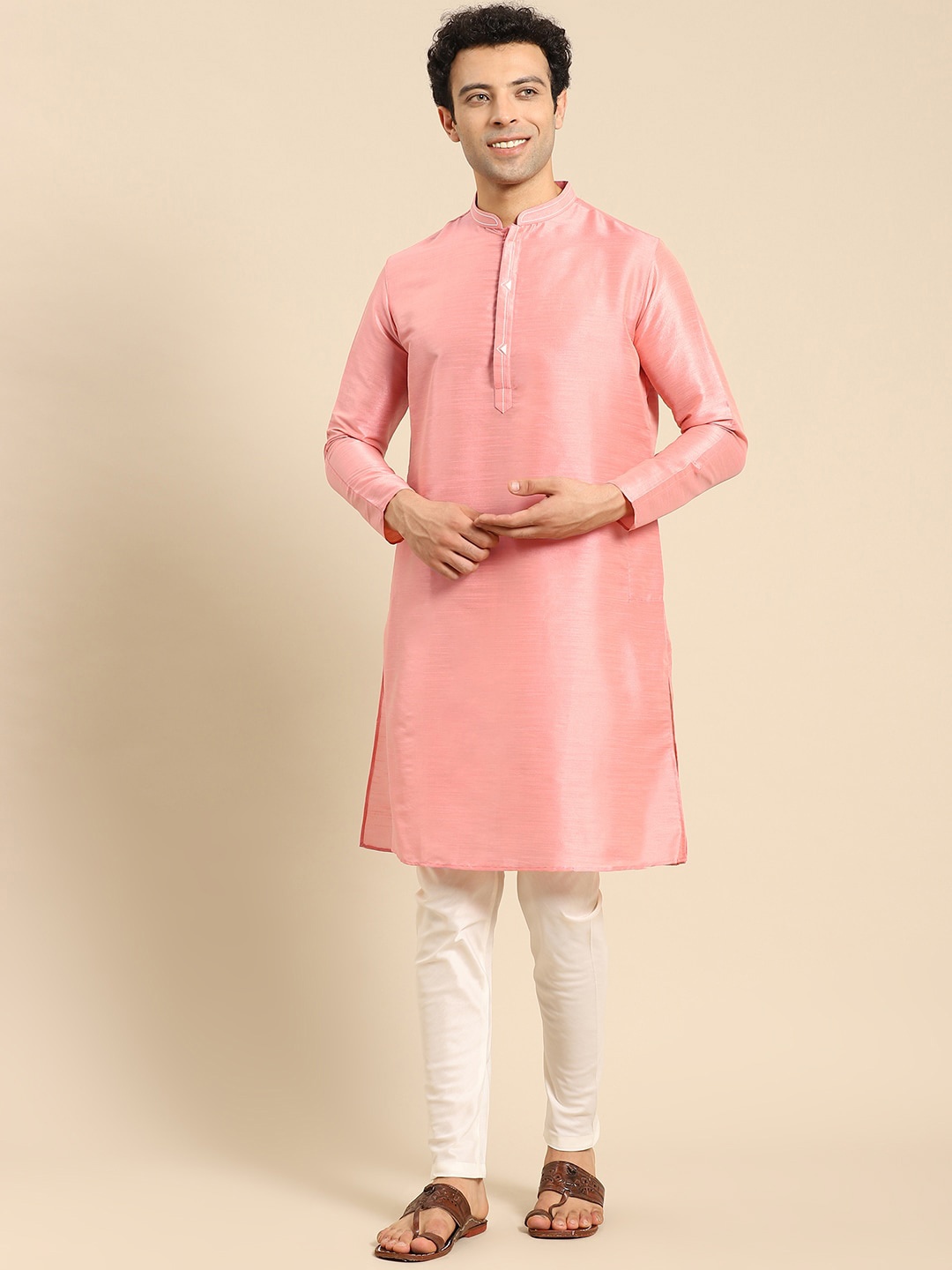 

Anouk Pink Mandarin Collar Regular Kurta with Trousers