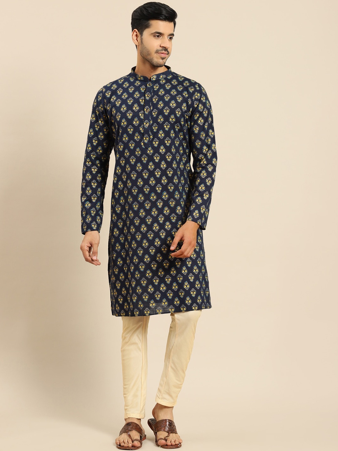 

Anouk Navy Blue Ethnic Motifs Printed Mandarin Collar Kurta With Trousers