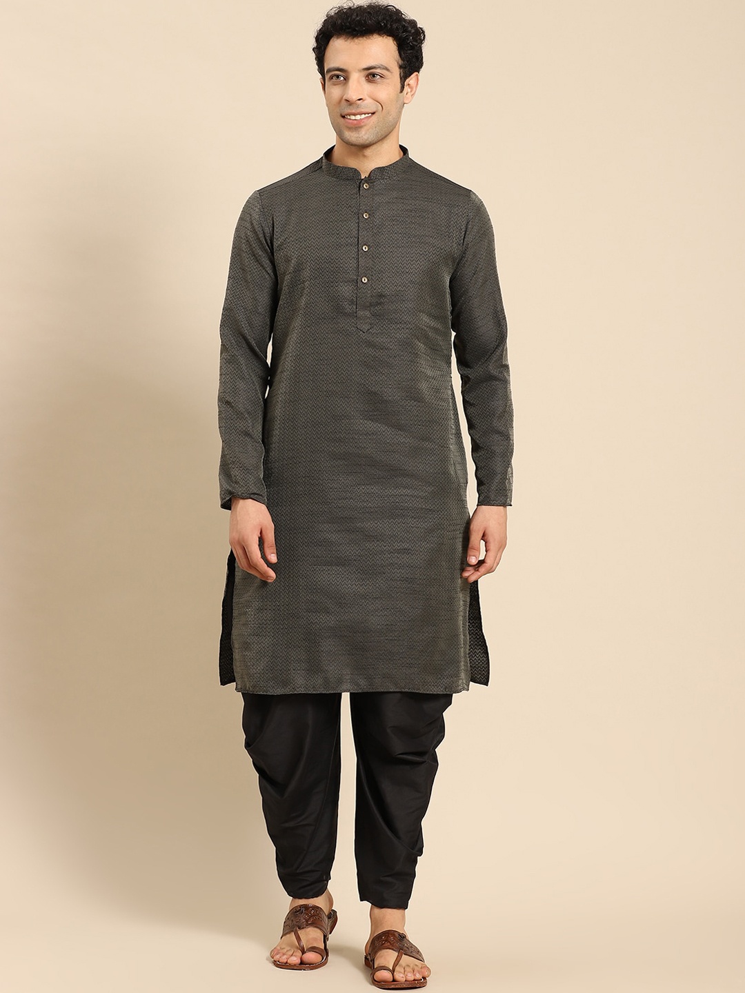 

Anouk Men Grey Woven Design Mandarin Collar Kurta with Dhoti Pants