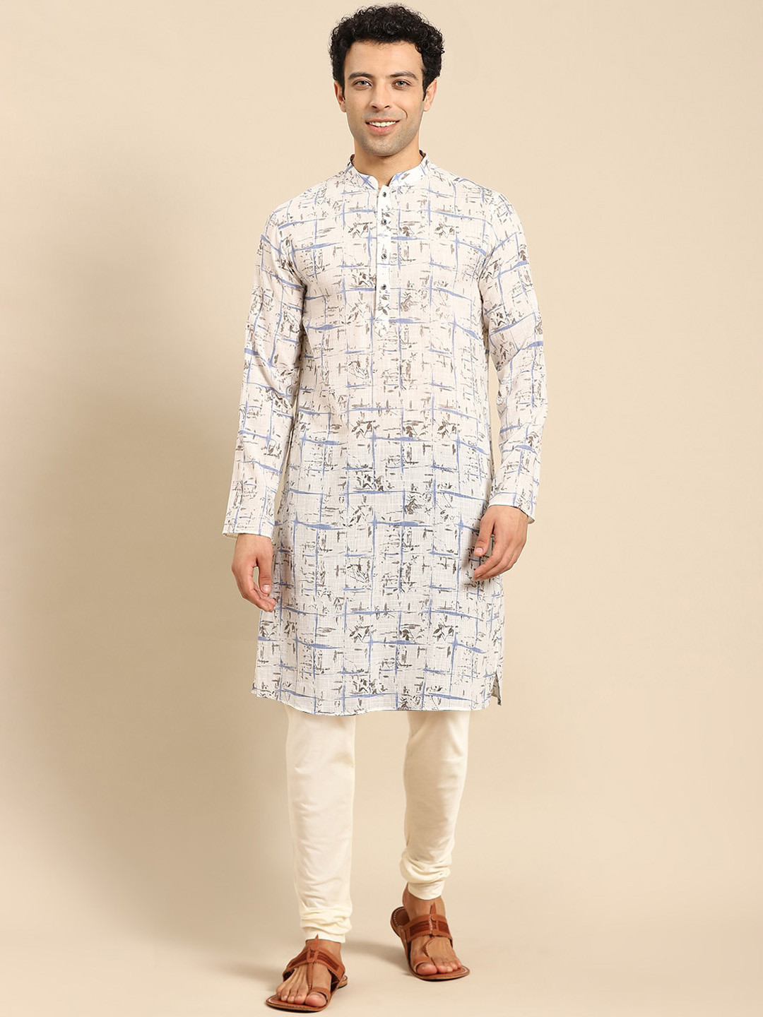 

Anouk Men White Printed Regular Mandarin Collar Kurta with Pyjamas