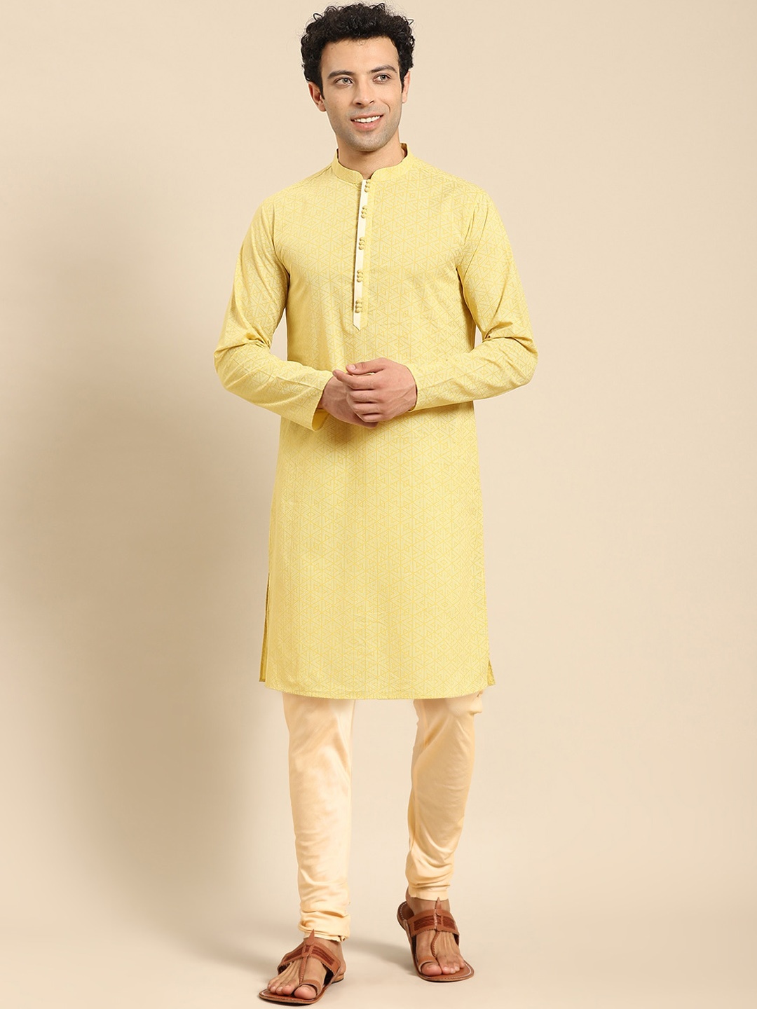 

Anouk Yellow Ethnic Motifs Printed Mandarin Collar Kurta with Churidar