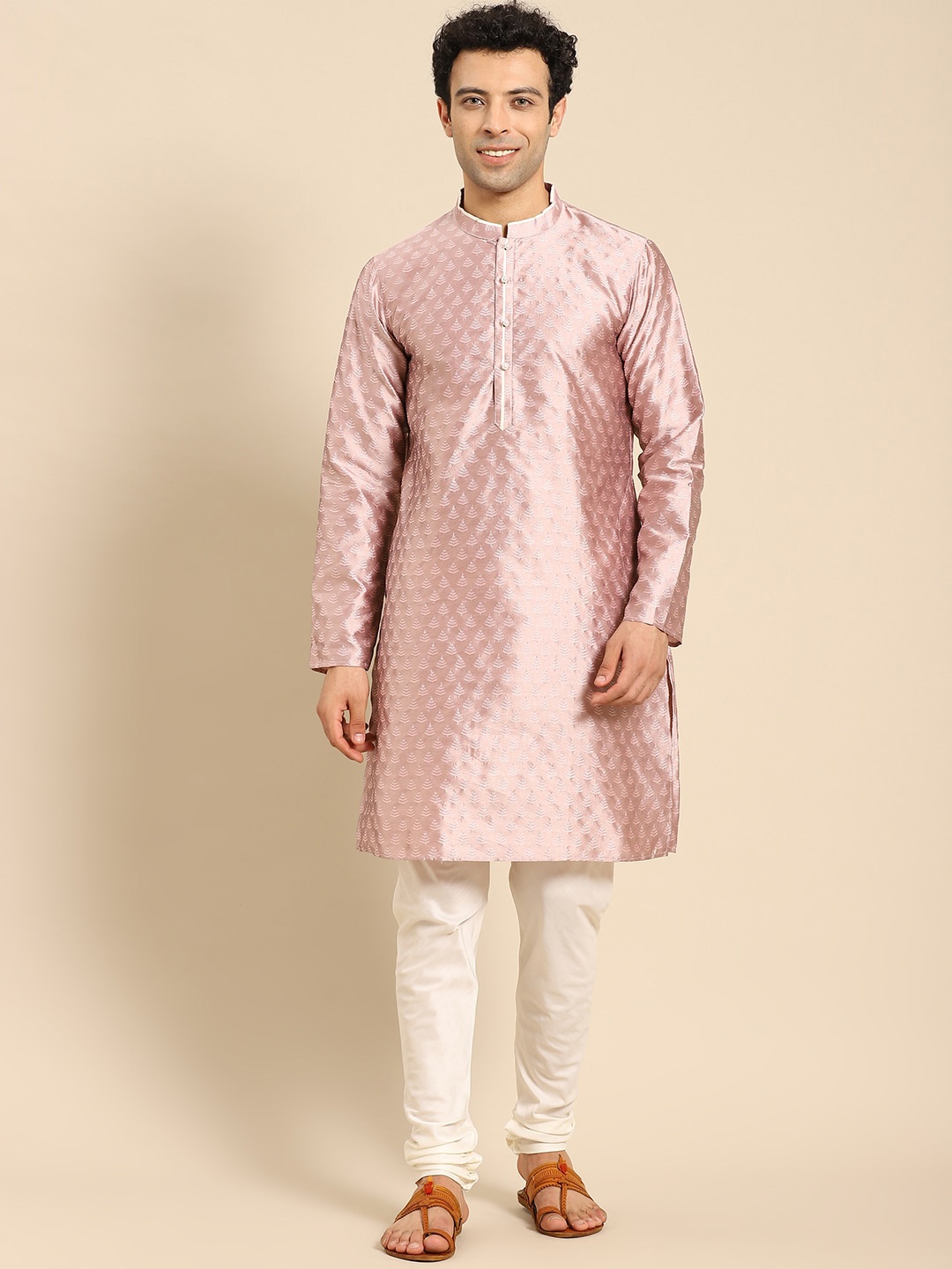 

Anouk Ethnic Motifs Woven Design Mandarin Collar Straight Kurta with Churidar, Mauve