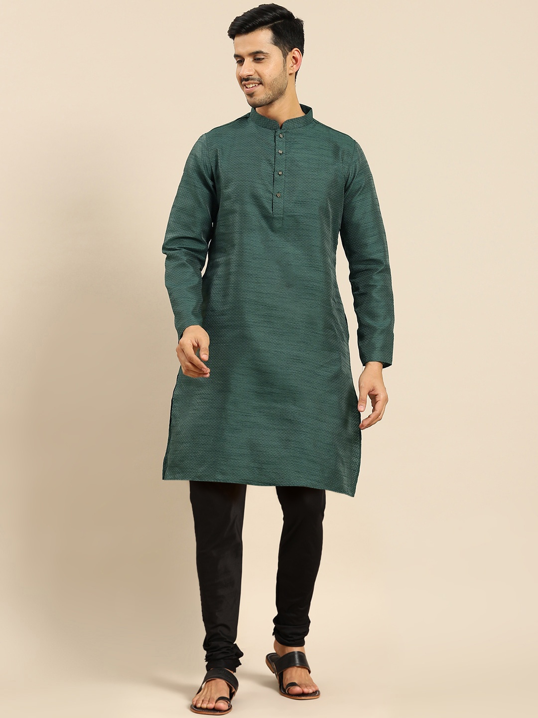 

Anouk Green Chevron Woven Design Mandarin Collar Kurta With Churidar