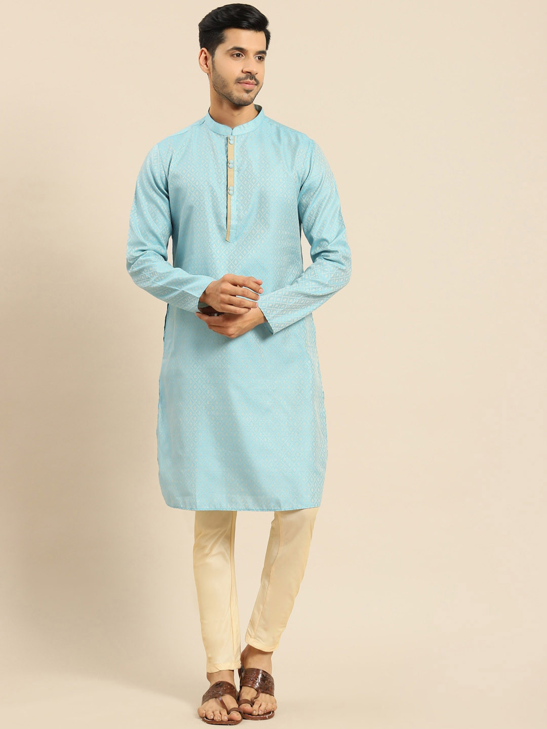 

Anouk Blue Ethnic Motifs Woven Design Mandarin Collar Kurta With Trousers