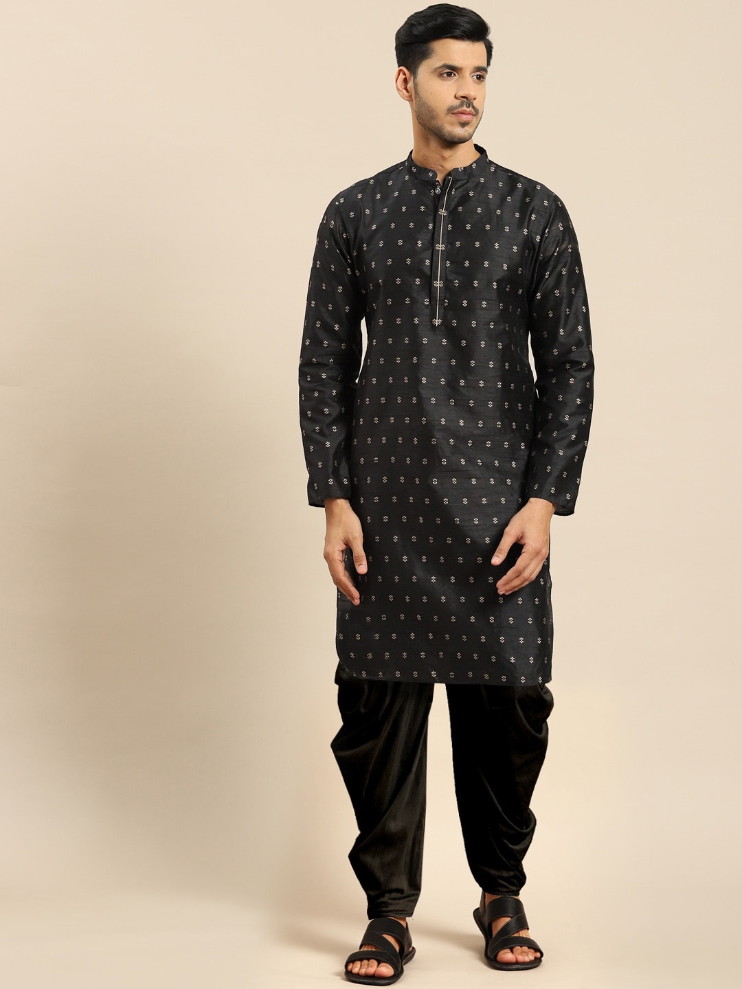 

Anouk Black & White Ethnic Motifs Woven Design Straight Kurta with Dhoti Pants